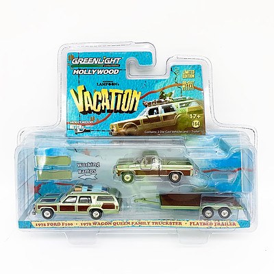Greenlight Hollywood National Lampoon's Vacation 1972 Ford F100, 1979 Wagon Queen Family Truckster and Flatbed Trailer 1:64 Scale Model Car