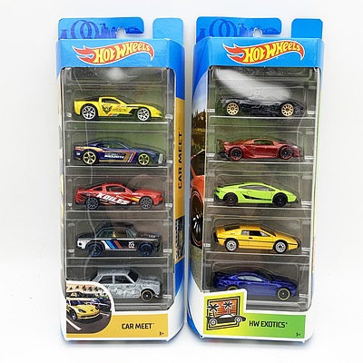 Two Sets of Hot Wheels 5-Pack Model Cars - HW Exotics and Car Meet