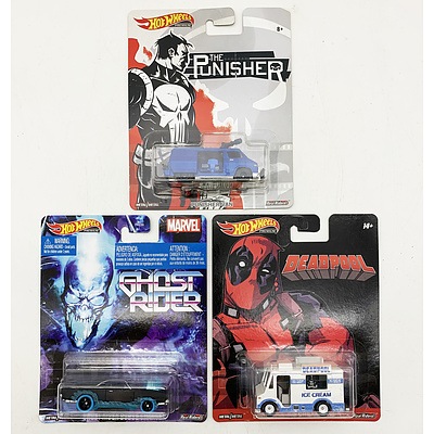 Three Hot Wheels Marvel Model Cars - Deadpool, The Punisher and Ghost Rider