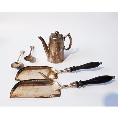 Pair Crumb Trays and Dessert Spoons From Old Parliment House Circa 1927 and a Silver Plated Teapot