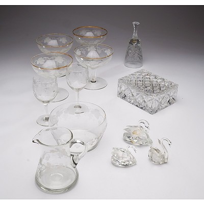 Quantity of 13 Glass items Including Four Hollow Stem Etched Champagne Glasses, Two Matching Sherry Glasses and More