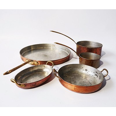 Five Portuguese Tagus Copper  Cooking Utensils Including Large Frypan, Two Saucepan and More