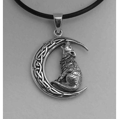 Sterling Silver Howling Wolf & Celtic Crescent Pendant