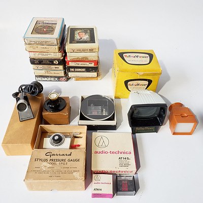 Quantity of Record Player Accessories, Two Slide Viewers, 13 Eight Track Music Tapes, Bell & Howell Microphone and More