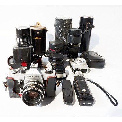 Quantity Photography Equipment Including Pentacon Praktica LLC Camera in Case, Canon Dual 35-2, Hanimex Tele-Auto 1:3.5 Lens, Sun Tele Zoom F:2.8 Lens and More