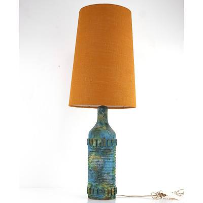 Retro Italian Pottery Lamp with Volcanic Glaze and Original Woven Fabric Shade