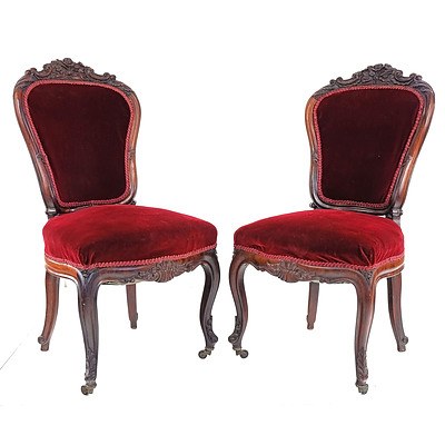 Pair of Victorian Rosewood and Red Velvet Salon Chairs
