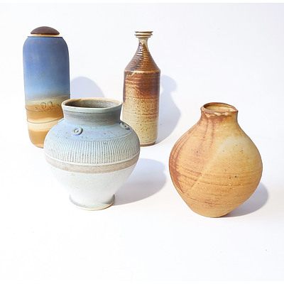 Four Australian Studio Pottery Pieces Including Work by Margret Manchester, Colin Bowes, John Strooma and Maryanne Cole and One Vintage Basket