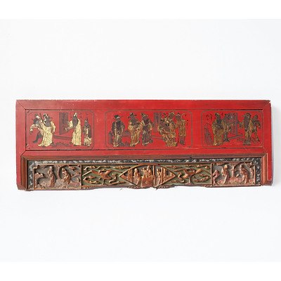 Wooden Chinese Furniture Fragment with Carvings and Hand Painted Detail