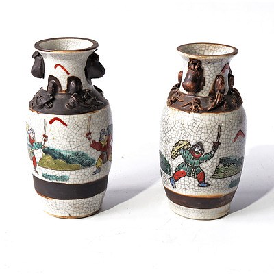 Pair of Chinese Crackle Glazed Vases with Iron Wash Dressing and Enamel Decoration, Early to Mid 20th Century