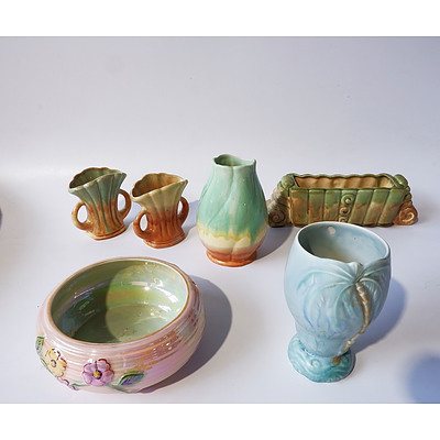 Six Vintage Ceramic Pieces Including of Beswick Blue Palm Vase, Diana Wave Drip Glaze Vase, Lustre Vase, and Pair Drip Glaze Urns