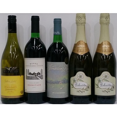 Selection of Five Bottles of Red and White Wine