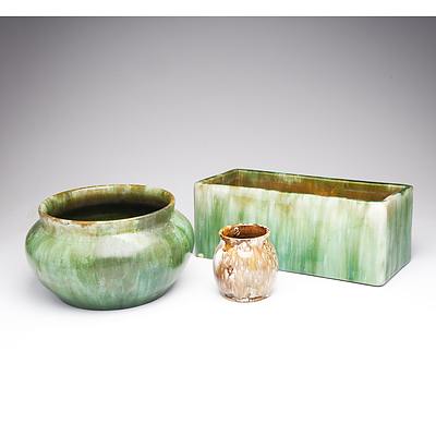 John Campbell Trough Vase, Green Drip Glazed Bowl and Small Vase
