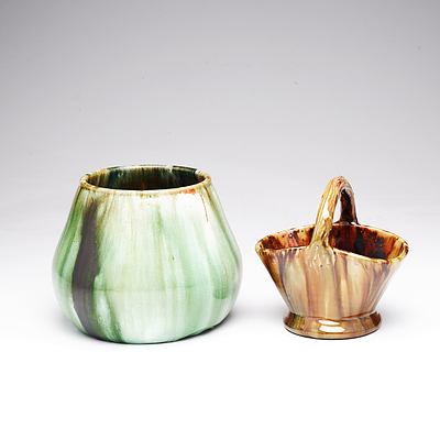 John Campbell Drip Grazed Ceramic Vase, Signed 1934 and a Basket Vase