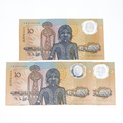 Three Australian Polymer Bicentennial Commemorative $10 Notes, Two Consecutively Numbered, AB19313832- AB193133, AB14322036