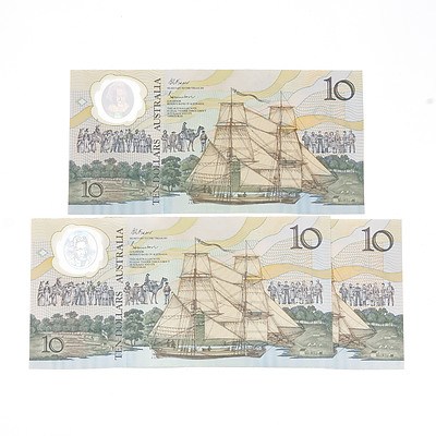 Three Australian Polymer Bicentennial Commemorative $10 Notes, Two Consecutively Numbered, AB19313832- AB193133, AB14322036