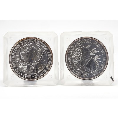 A 1990 and 1991 $5 Australian .999 Silver Kookaburra 1 oz Coins