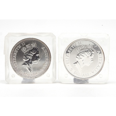 A 1990 and 1991 $5 Australian .999 Silver Kookaburra 1 oz Coins