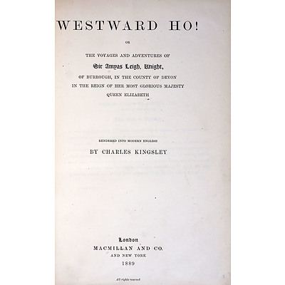 Charles Kingsley, Westward Ho, Macmillan & Co, London, 1889, First Edition, Leather Bound Hard Cover