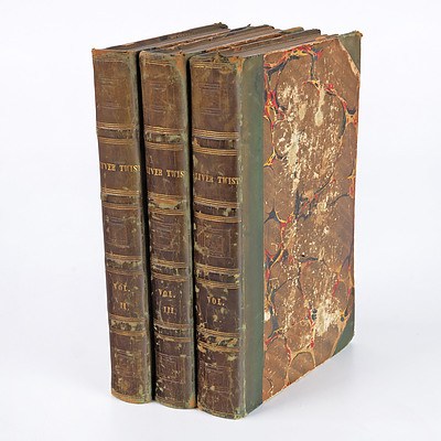 Charles Dickens, Oliver Twist, Richard Bentley, London, 1839, Volumes I-III, Leather and Marbled Paper Bound with Gilt Tooling on Spine