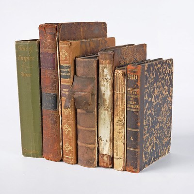 Quantity of Eight Antique Books Mostly Literature Including The Works of Henry Fielding Volume VI, 1774, The Confessions of Harry Lorrequer by Charles Lever, Volume I, 1847, The Antiquary, Volume II, 1818