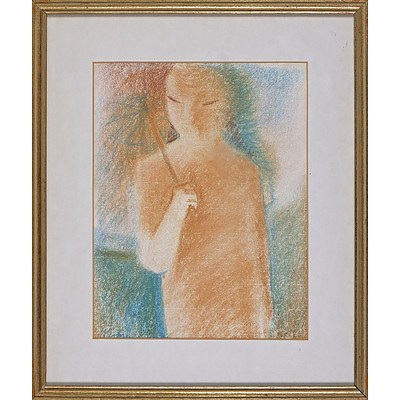 Artist Unknown, Untitled Figure with Umbrella, Crayon on Paper
