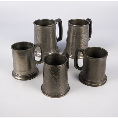 Five English Pewter Tankards, Three with Glass Bases