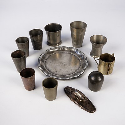 Twelve Antique Pewter Items Including Eight Pewter Measures