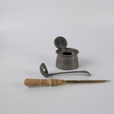 English Pewter Inkwell, Ladle and Faux Ivory Letter Opener