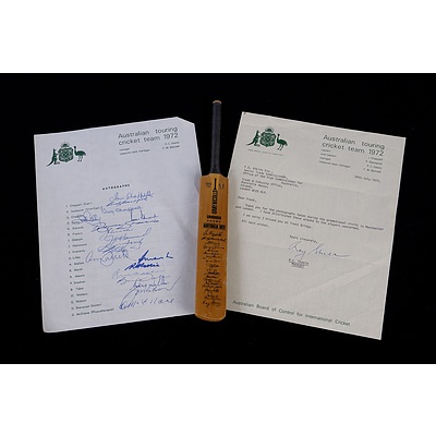 Autographs from the Australian Touring Cricket Team 1972 Including Ian Chappell, Greg Chappell, Douge Walters and Minature Grey Nicholls Facsimile Signed Cricket Bat