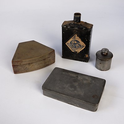Brass Lidded Box, Pewter Himged Box, Tin Curtiss Number 5 Bottle and James Dixon Metal Container