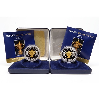 Two $5 2003 Rugby World Cup .999 Silver Gold Plated Coin
