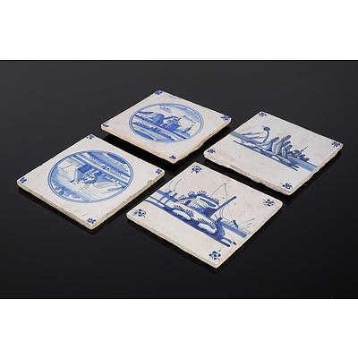 Four Hand Painted Blue and White Tiles