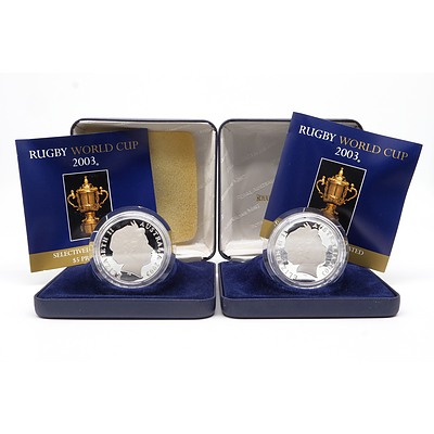 Two $5 2003 Rugby World Cup .999 Silver Gold Plated Coin