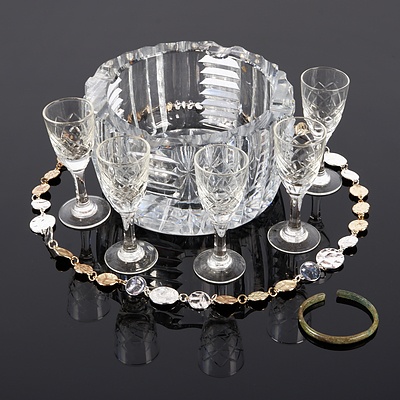 Heavy Crystal Ashtray, Five Crystal Liquor Glasses, Costume Jewellery Chain and More