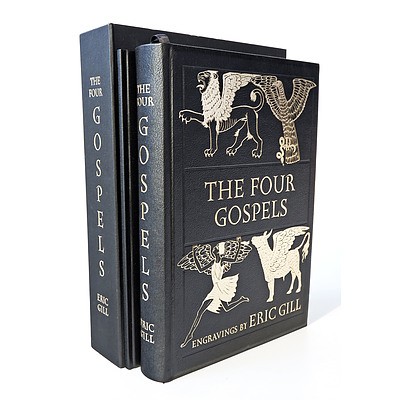 The Four Gospels, Engravings by Eric Gill, The Folio Society, London 2007,Two Book Leather and Cloth Bound Hard Cover Set in Presentation Box