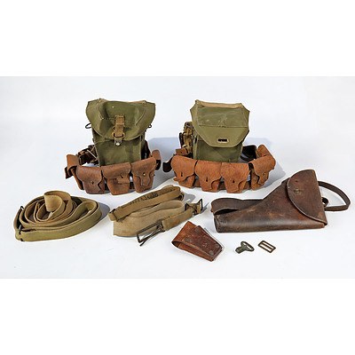 Quantity of Australian Military Equipment Including Two Leather and Brass Cartridge Belts by Beckers, Brisbane 1916, Leather Pistol Holster, Webbing and More