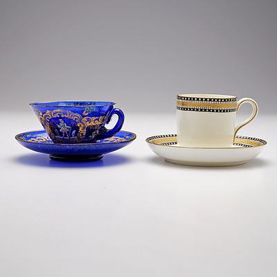 English C20th Royal Worcester Demitasse and Saucer and European Blue Glass Hand Painted Cup and Saucer