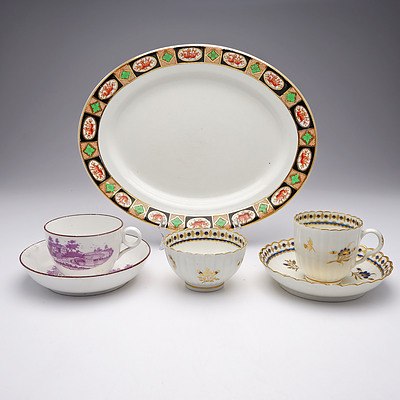 Six Pieces of Antique English Porcelain Including Caugley 's' Mark Teacup, Saucer and Tea Bowl, Another English Porcelain Teacup and Saucer and A Platter