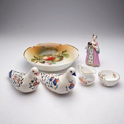 Quantity of Porcelain Items Including Bavaria Fruit Bowl, Pair Porcelain Painted Doves, Porcelaine de Paris Female Figure and More