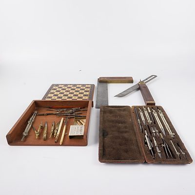 Quantity Draughtsmens Tools Including Compass Set in Case, Set Square, Box with Tools, Two with Ivory Handles