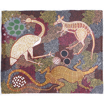 Daniel Goodwin (b. 1947)  Kangroo, Emu and Goana 2006, Oil on Canvas, Unframed