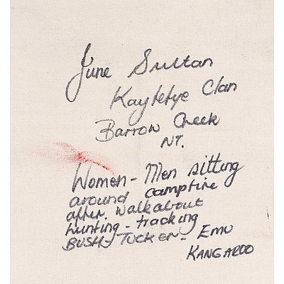 Three June Sultan Napanga (b. 1954) Oil on Canvas, Bush Tucker, Women and Men Sitting, and Women and Men Hunting, 