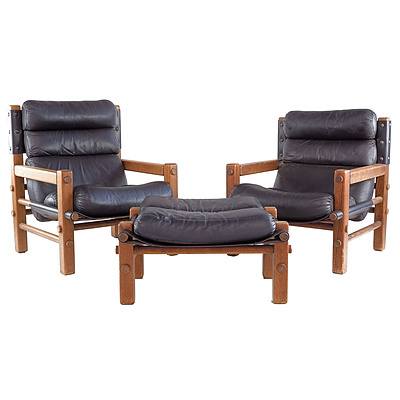 Australian Eucalyptus and Leather Upholstered Post and Rail Style Armchair Setting, Probably Norman Archibald for Nore Furniture