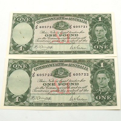  Two Consecutively Numbered Commonwealth of Australia Armitage/ McFarlane one Pound Notes, JO 605721- JO 605722