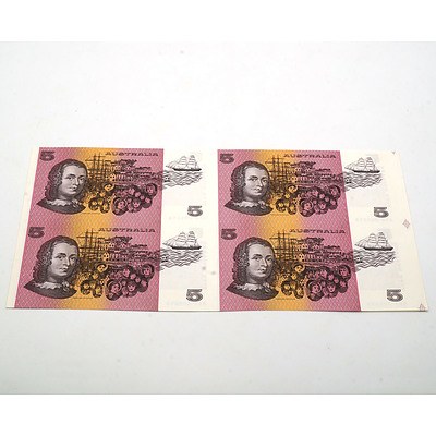 Uncut Block of Four Low Serial Number Fraser/ Higgins $5 Notes, QDS000058, QDT000058, QDH000058 and QDJ000058