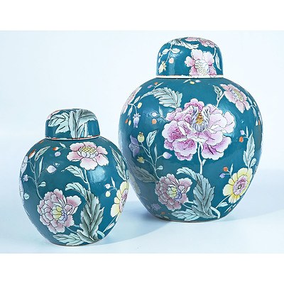 Two Chinese Contemporary Hand Painted Ginger Jars and Lids