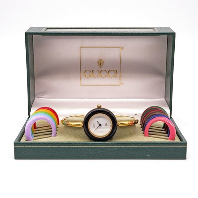 Vintage Boxed Gucci Ladies Quartz Wristwatch with Twelve Interchangeable Coloured Bezels