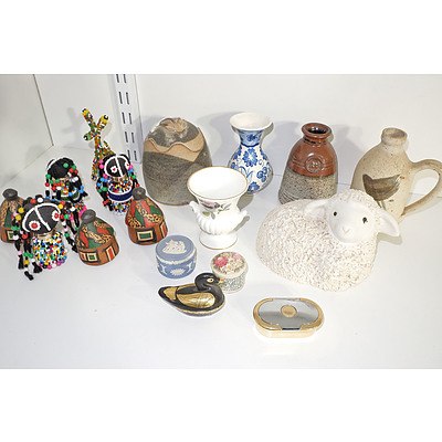 Various Curios, Including Wedgwood Trinket Box, African Beadworks Toys Etc