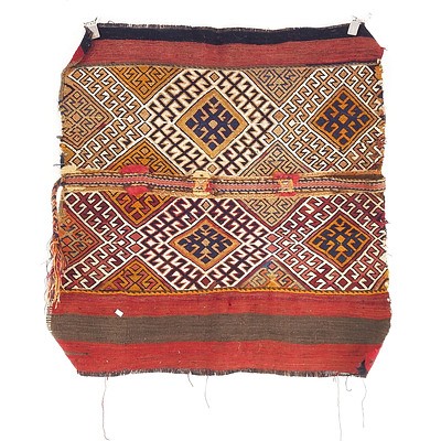 Antique Turkish Kurdish Woolen Stitched Flat Weave Soumak Bag Facings with Geometric Guls